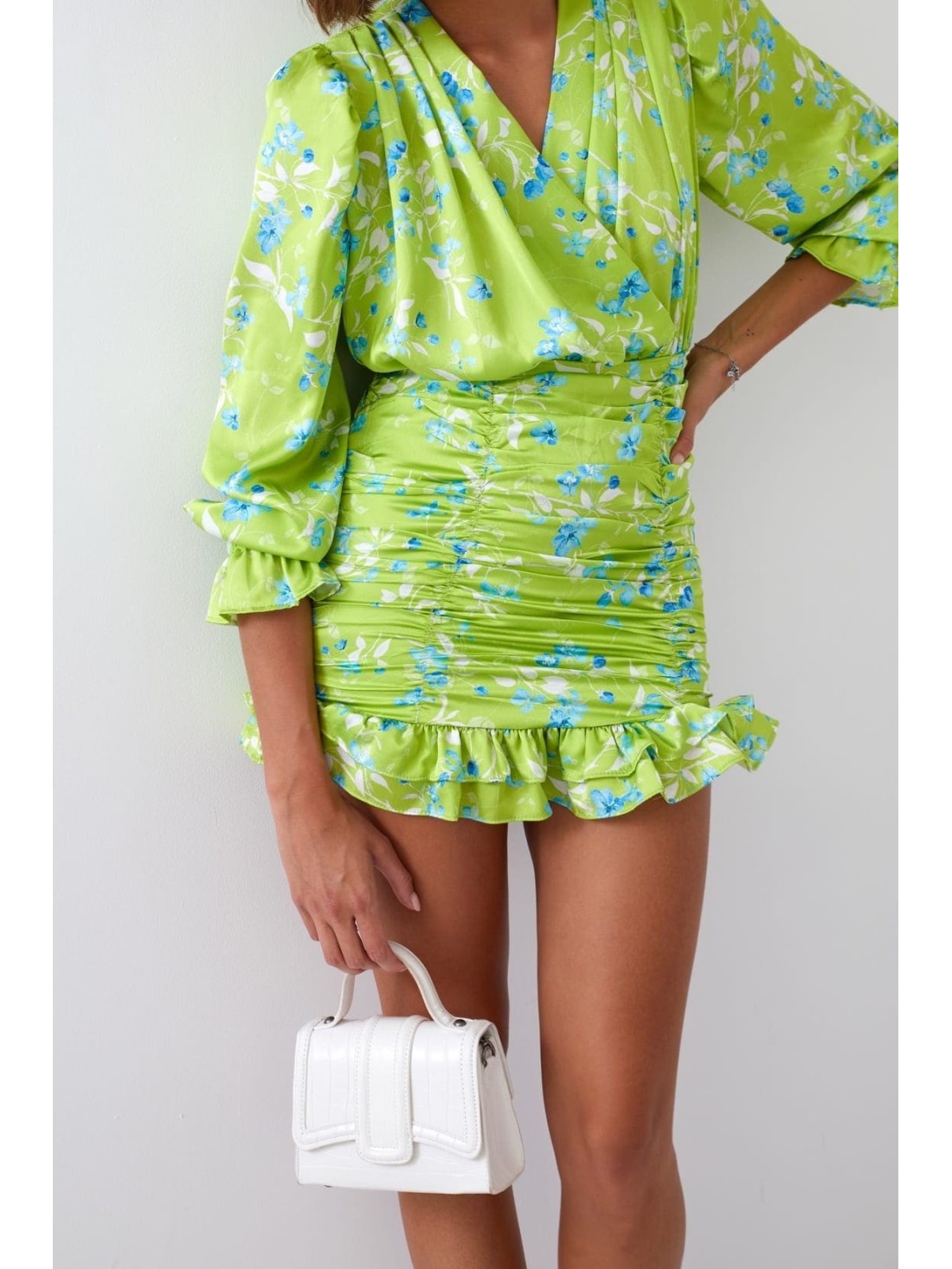 Fitted floral dress with draping, lime green 2937 - Online store - Boutique